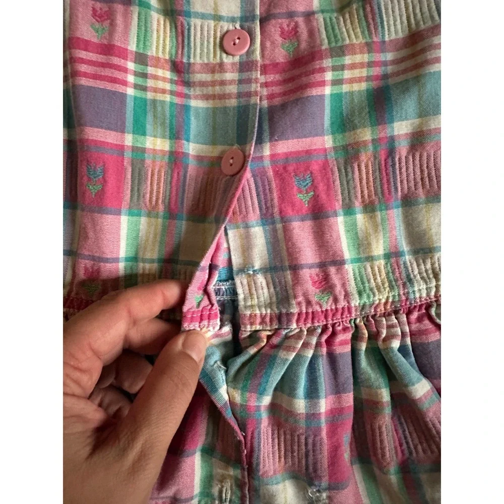 FLAWS Vintage Oshkosh Plaid Tartan Dress Girl 6 Girlhoodcore Cottagecore Floral